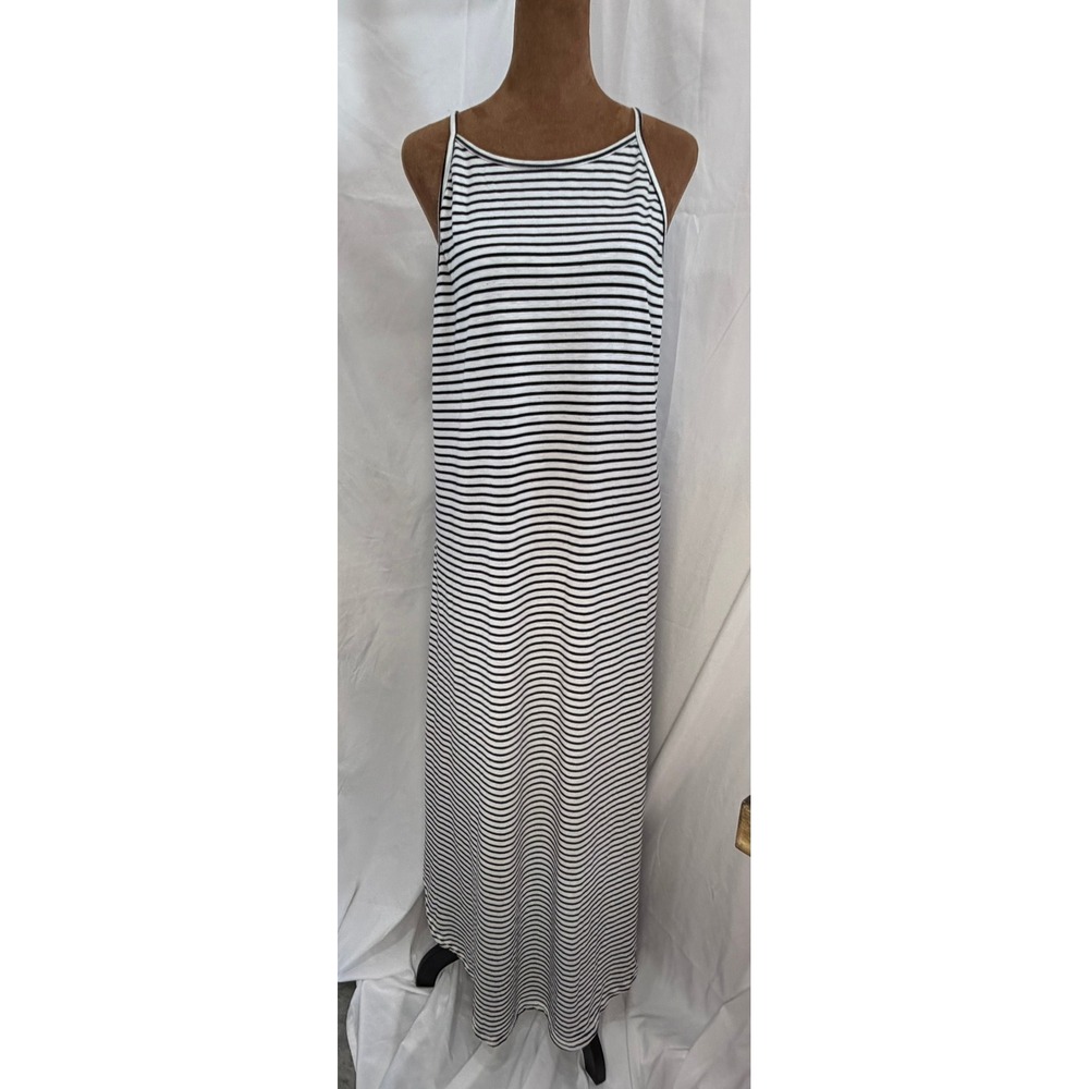 Striped Sleeveless Maxi Dress Black White High Neck Spaghetti Strap XL